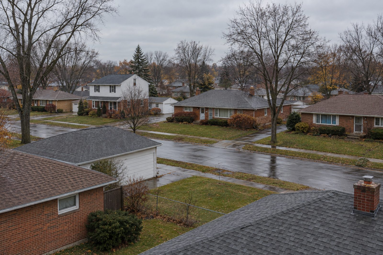Rooftops of a Metro Detroit residential street of brick ranch homes on a wet overcast day.