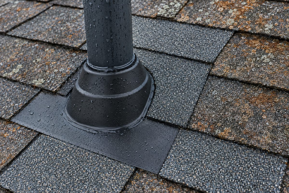 A newly installed black rubber pipe boot sealed around a plumbing vent on gray asphalt shingles.
