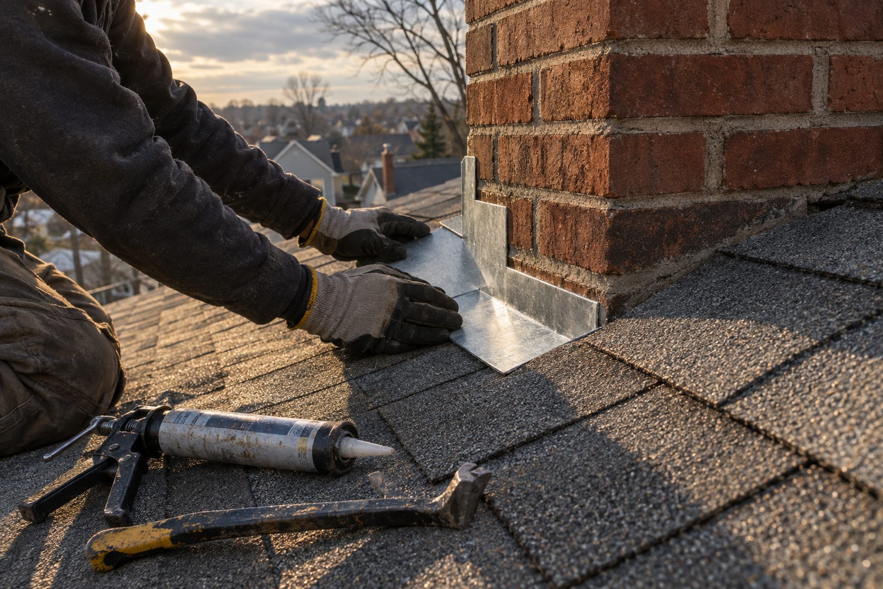 A roofer setting new galvanized step flashing against a brick chimney on an asphalt shingle roof at sunset.